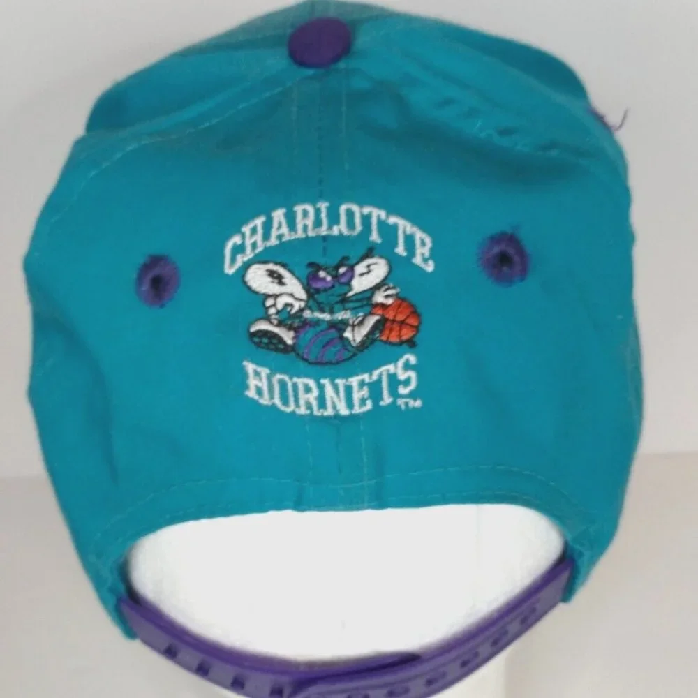 Vtg Charlotte Hornets Snapback Hat Block Letters NBA Product Teal Purple Adjust